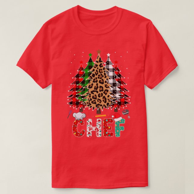 T-shirt Chef Leopard Rouge Blanc Vert Plaid Arbres de Noël (Design devant)