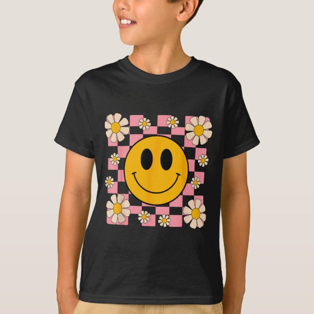 T-shirt Chemise à visage heureux rétro à motif à carreaux  (Devant)