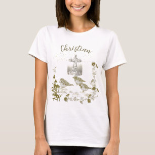 T-shirt Chemise chrétienne Croix florale avec oiseaux et f