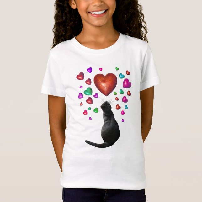T-Shirt Chemise Coeurs Chat Noir (Devant)