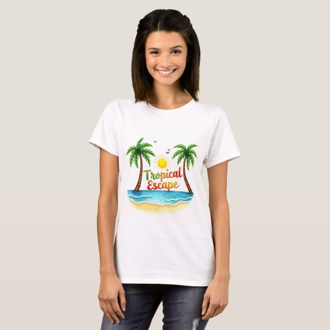 T-shirt Chemise d'aquarelle Tropical Escape Palm Beach (Devant entier)