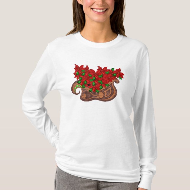 T-shirt chemise de douille de Sleigh de poinsetta longue (Devant)