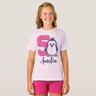 T-shirt Chemise de fille d'anniversaire pingouin Âge 5 Nom
