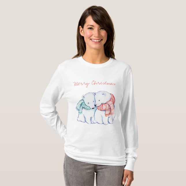 T-shirt Chemise de Joyeux Noël de deux ours blancs (Devant entier)