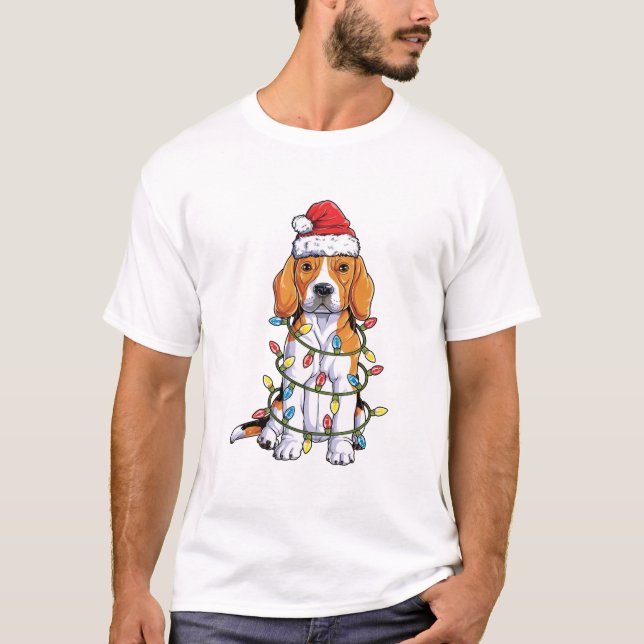 T-shirt Chemise de Noël beagle Santa Chapeau aux lumières  (Devant)
