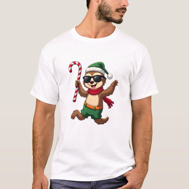 T-shirt Chemise de Noël Paresseux Elfe Menthe Bonbon Cane  (Devant)