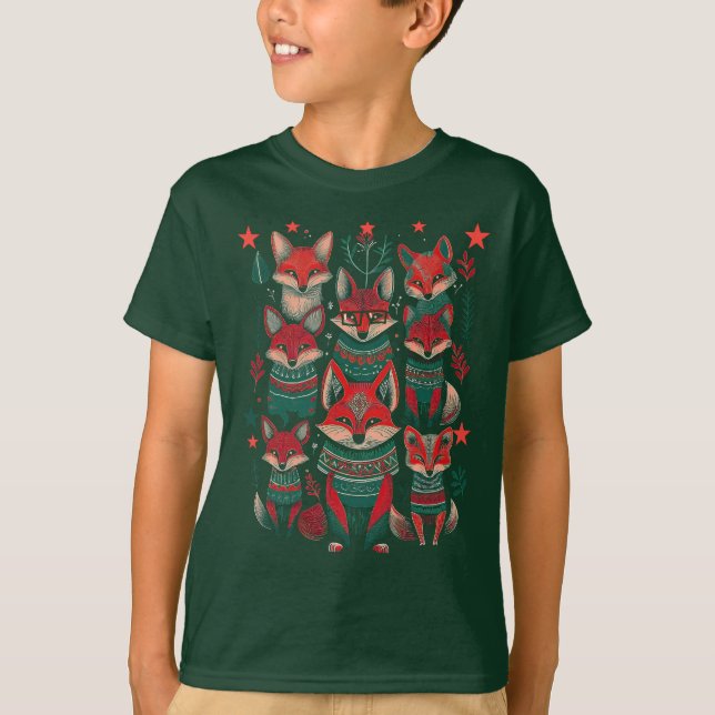 T-shirt Chemise de Noël pour enfants, famille renard rouge (Devant)