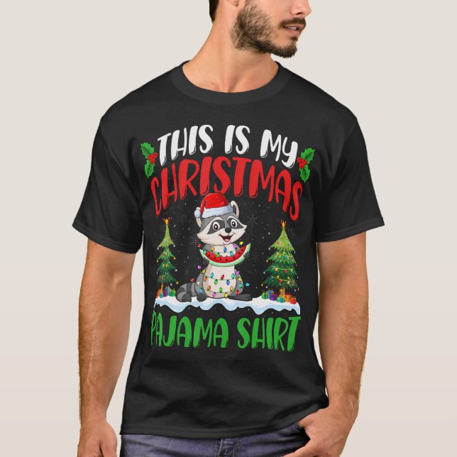 T-shirt Chemise de Noël Raccoon Raccoon Xmas Lumières Arbr (Devant)