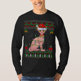 T-shirt Chemise de Noël Style Pull Ugly Santa Sphynx Cat C