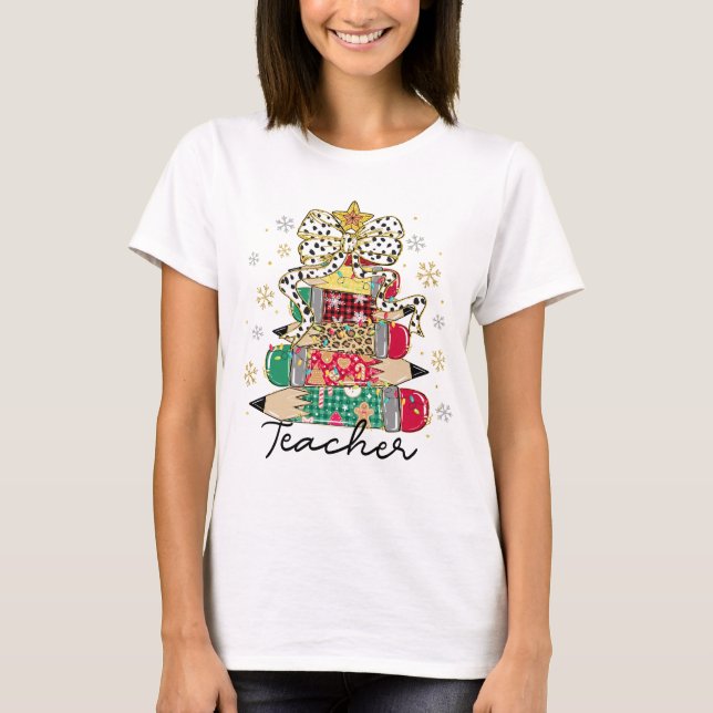 T-shirt Chemise d'enseignant à l'arbre de crayon de Noël (Devant)