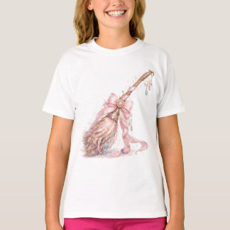 T-shirt Chemise Fille Balai de Sorcière Enchanté Rose