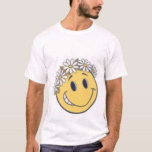 T-shirt Chemise Fleur avec Visage Souriant Rétro Groovy - 