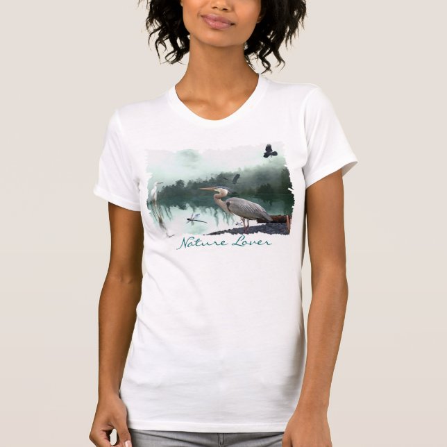 T-shirt Chemise Great Blue Heron, Egret, Crow & Dragonfly (Devant)