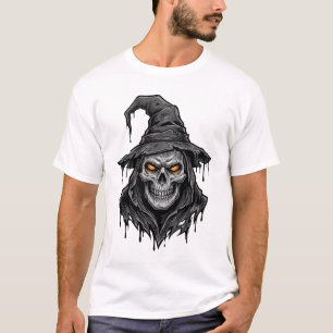 T-shirt Chemise Halloween Chapeau De Sorcière Crâne Gravur