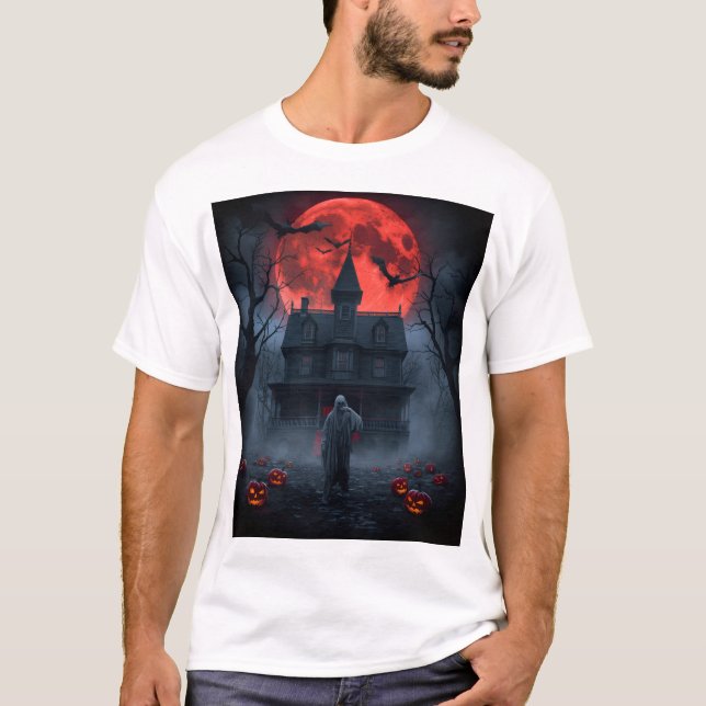 T-shirt Chemise Halloween Lune Rouge Hantée | Fantôme Effr (Devant)