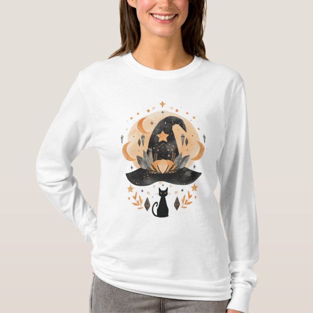 T-shirt Chemise Halloween Sorcière Chat Noir  (Devant)