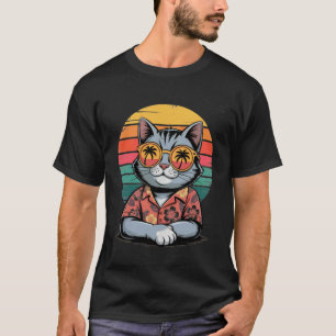 T-shirt Chemise Hawaïenne Cool Cat Coucher de Soleil Rétro