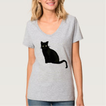 Chemise noire à col en V pour femmes avec chat aju