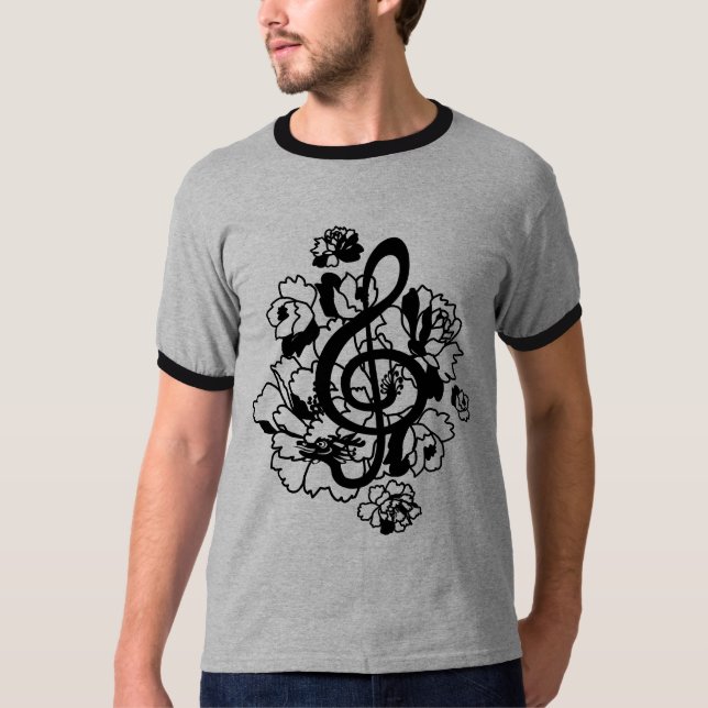 T-shirt Chemise noire de coutume de pivoines de clef (Devant)