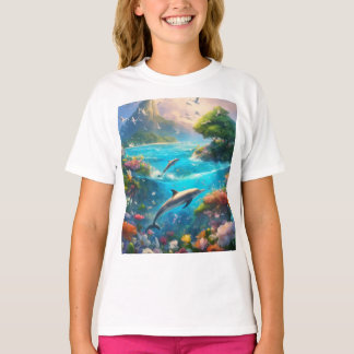 T-shirt chemise pour enfants avec dauphins et oiseaux blan