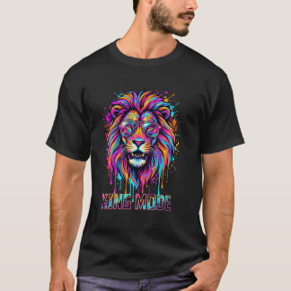 T-shirt Chemise Roi Mode Lion, Graphisme de Lion Néon Colo