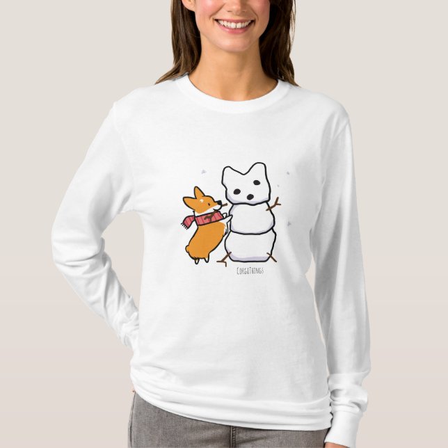 T-shirt Chemise rouge de bonhomme de neige de corgi (Devant)