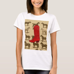 T-shirt Chemise rouge de chevaux de botte de cowboy