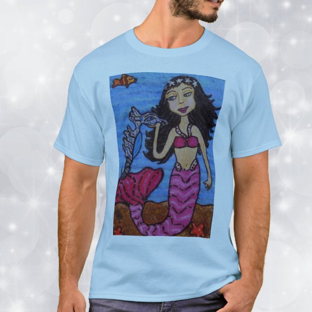 T-shirt Chemise Sirène & Hippocampe (Mermaid with pink tail with silver seahorse, starfish in ocean on blue tee shirt.)