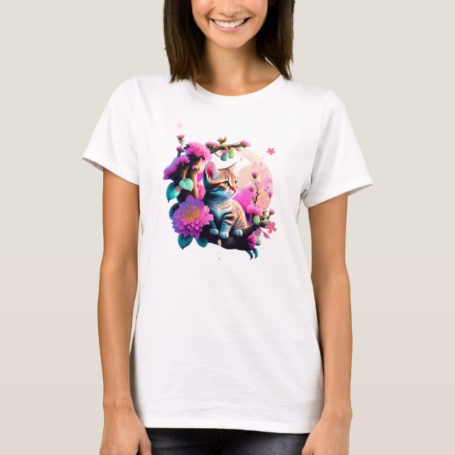 T-shirt Chemise T Acrylique Cute Flower Cat (Devant)