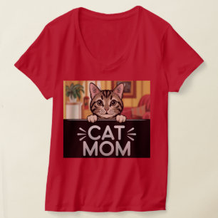 T-shirt Chemise T-Col Maman Chat Rouge