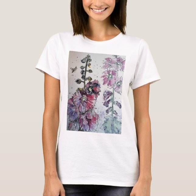 T-shirt Chemise T Peinture d'encre rose Hollyhock Aquarell (Devant)