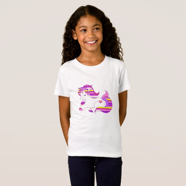 T-Shirt Chemise Unicorne à rayures violettes et roses (Devant entier)
