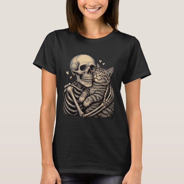 T-shirt Chemises Halloween Chat qui étreint un squelette A (Devant)
