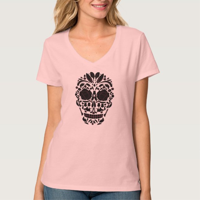 T-shirt Chemisette femme Crâne mexicain avec des roses (Devant)