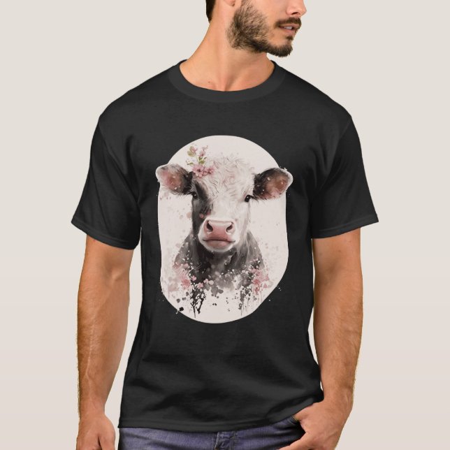 T-shirt Cherry Blossom Baby Cow Calf Japanese Sakura Farm  (Devant)