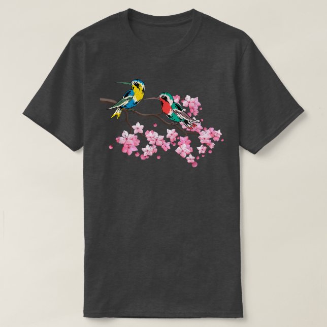 T-shirt Cherry Blossom Nature Bird Animal Lover Sakura Hum (Design devant)