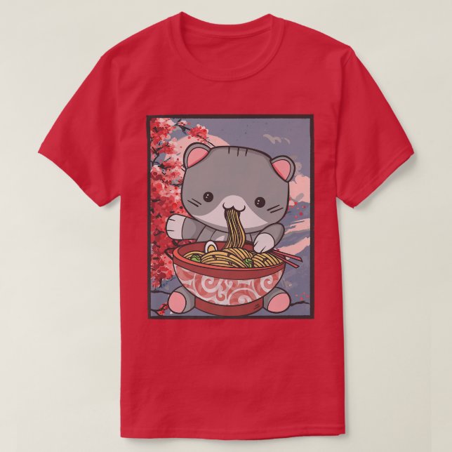 T-shirt Cherry Blossom Ramen Cat Kawaii (Design devant)