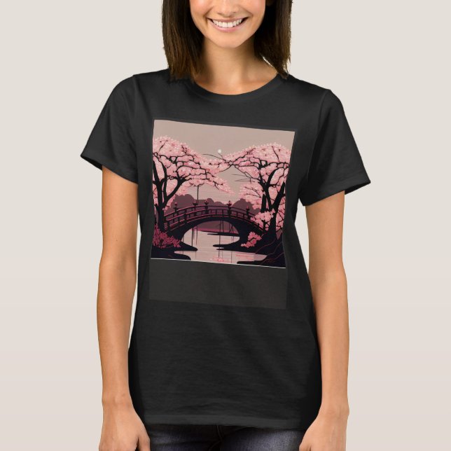 T-shirt Cherry Blossom River et Bridge Artwork Superbe G (Devant)