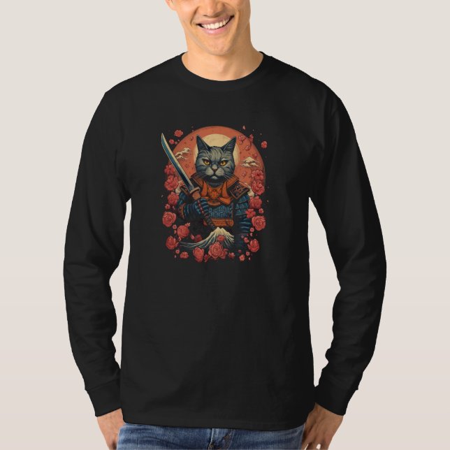 T-shirt Cherry Blossom Samurai Cat Classic Japanese Style  (Devant)