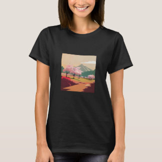 T-shirt cherry blossom trees country side mountain minimal