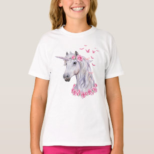 T-shirt Cheval blanc de licorne, roses roses, et papillons