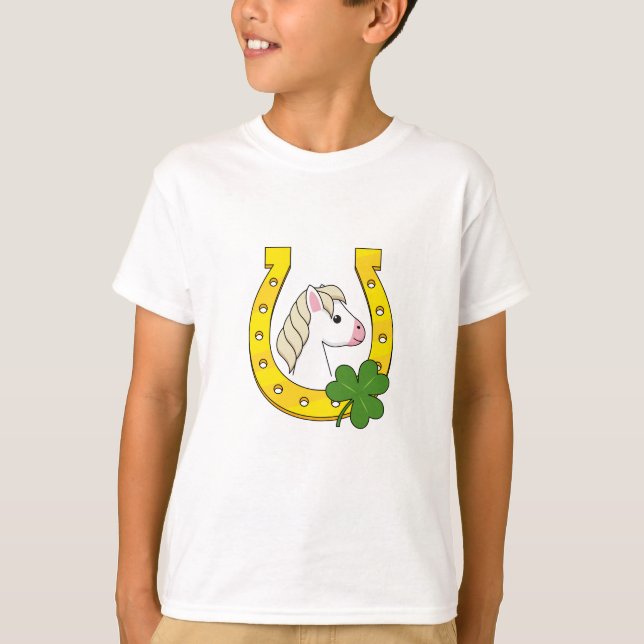 T-shirt Cheval blanc mignon avec Chaussure de Cheval d'or, (Devant)
