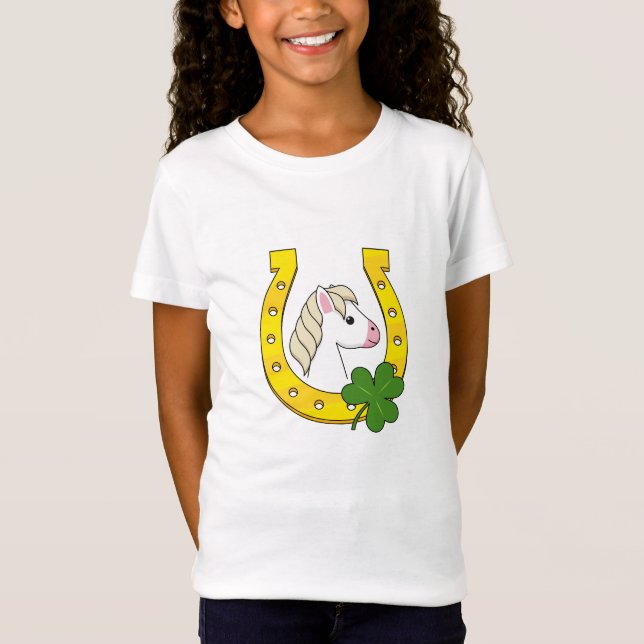 T-Shirt Cheval blanc mignon avec Chaussure de Cheval d'or, (Devant)