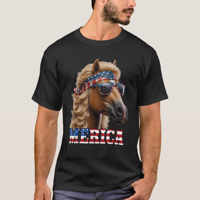 T-shirt Cheval Blonde Mullet Wig 4 juillet Amérique USA Fu (Devant)