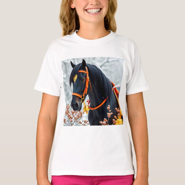 T-shirt Cheval châtaignier noir élégant (Devant)