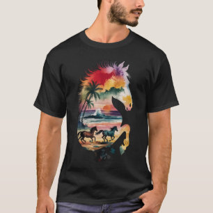 T-shirt Cheval coloré Tête Océan Coucher de soleil et palm