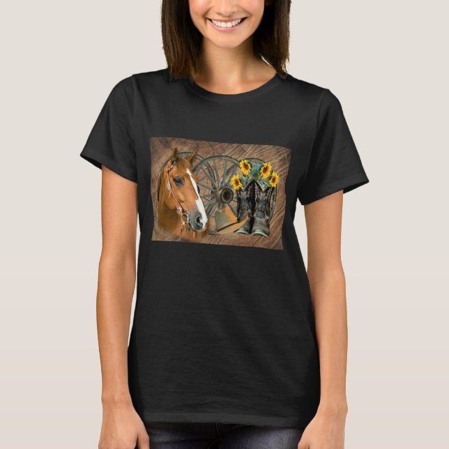 T-shirt Cheval Cowboy Boots Wagon Wheels Sunflowers Wester (Devant)
