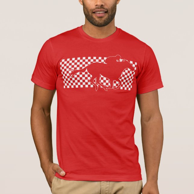 T-shirt Cheval de course gagnant sur damier Blanc sur Roug (Devant)