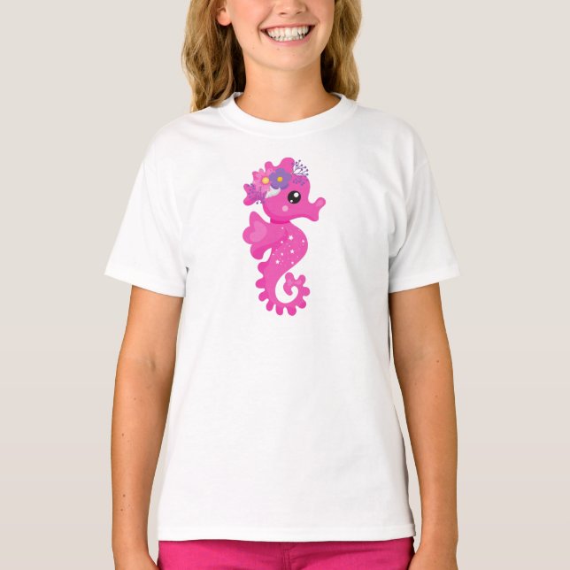T-shirt Cheval De Mer, Cheval De Mer Rose, Fleurs, Coquill (Devant)