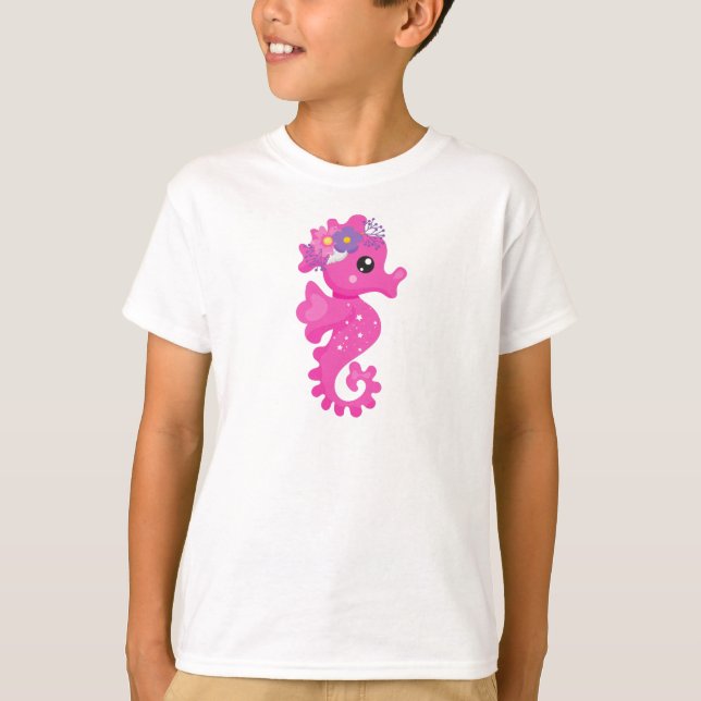 T-shirt Cheval De Mer, Cheval De Mer Rose, Fleurs, Coquill (Devant)